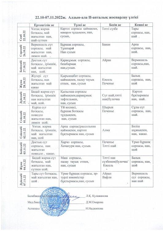 Алдын ала екі апталық жоспарлау үлгісі  22,10-07,11,22